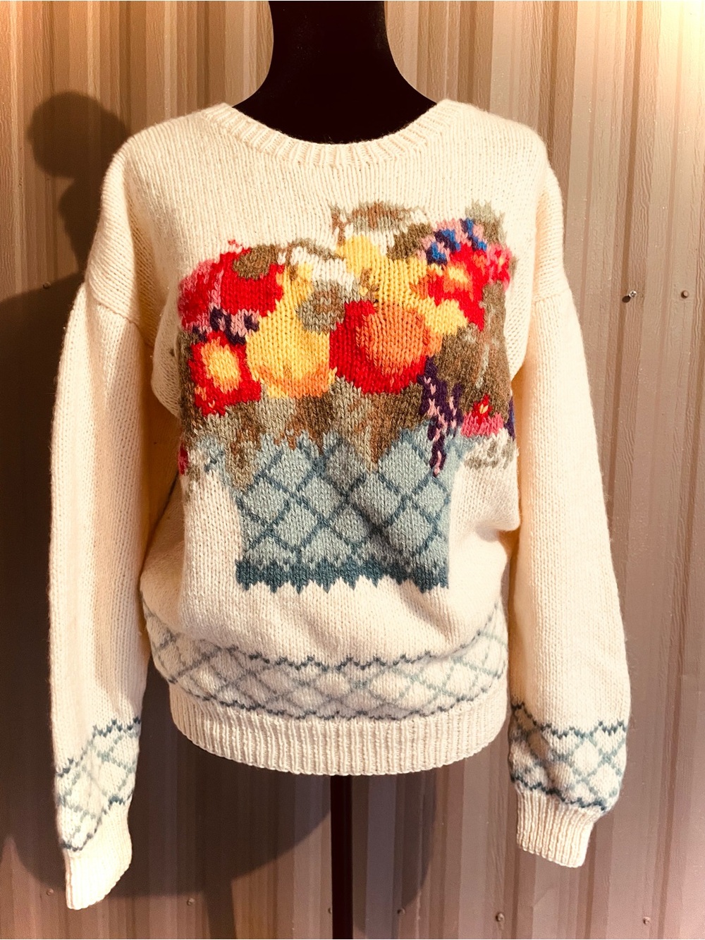 RARE VTG Deans of Scotland Fruit Basket Sweater 100% Shetland Wool Granny sz L